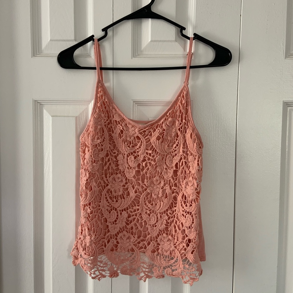 Embroidered lace spaghetti strap tank top.